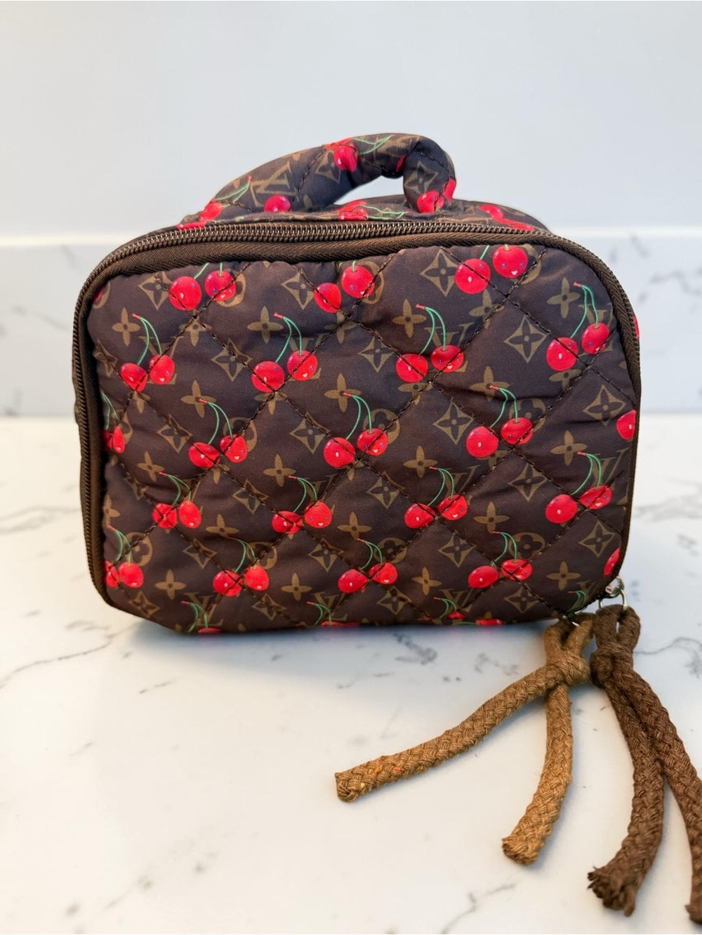 Source Unknown Brown Quilted Cosmetic Case with Red Cherry Print
